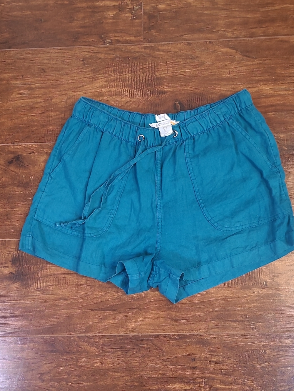 C&C California Teal Elastic-Waist Drawstring 100% Linen Shorts Size M